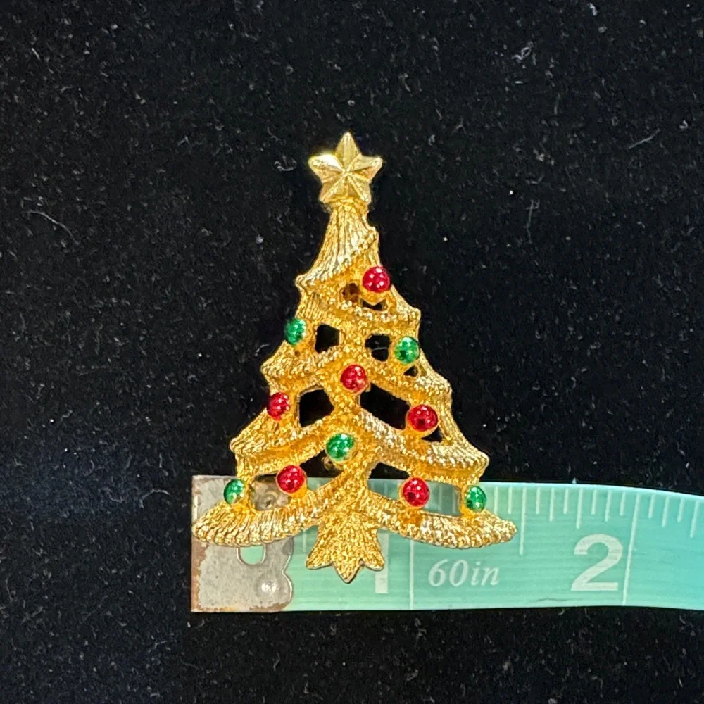 Gold Christmas Tree Brooch with Red and Green Accents